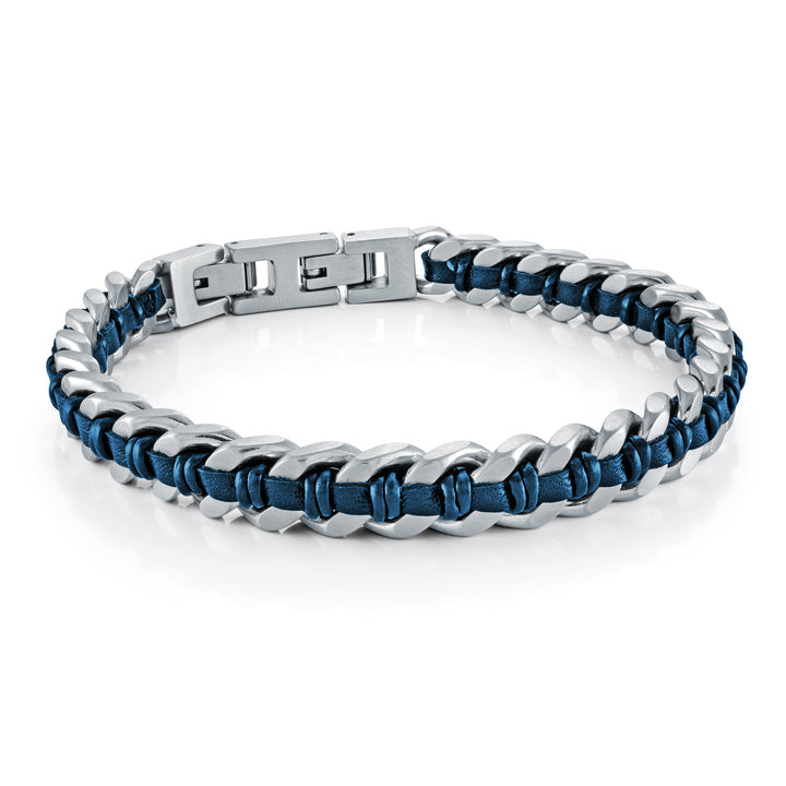 Blue Steel Matte Curb Link Blue Leather Bracelet - Adina Eden's Jewels