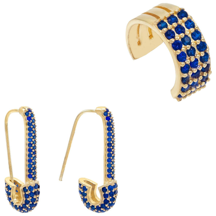 Sapphire Blue Colored Safety Pin Earring Combo Set - Adina Eden's Jewels