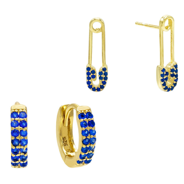 Sapphire Blue Safety Pin X Huggie Earring Combo Set - Adina Eden's Jewels