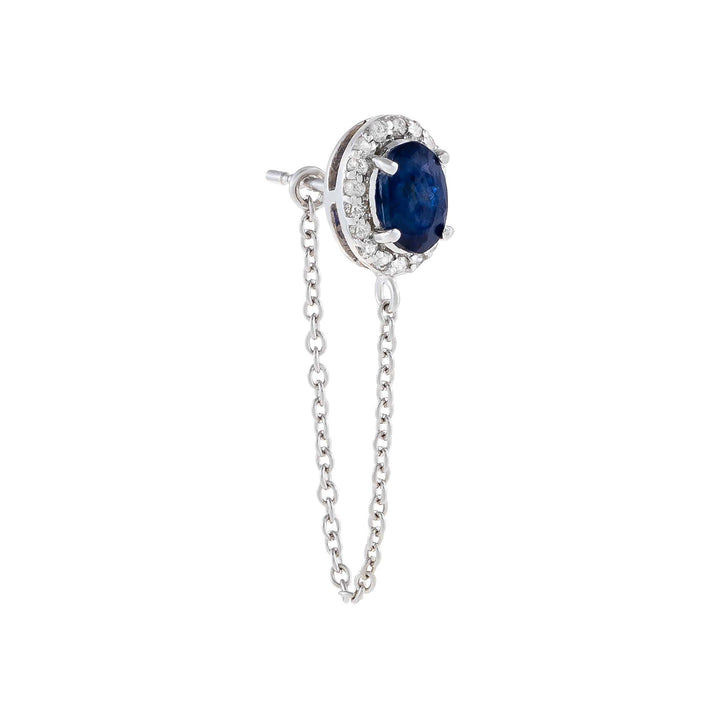 14K White Gold / Single Diamond X Sapphire Oval Chain Stud Earring 14K - Adina Eden's Jewels