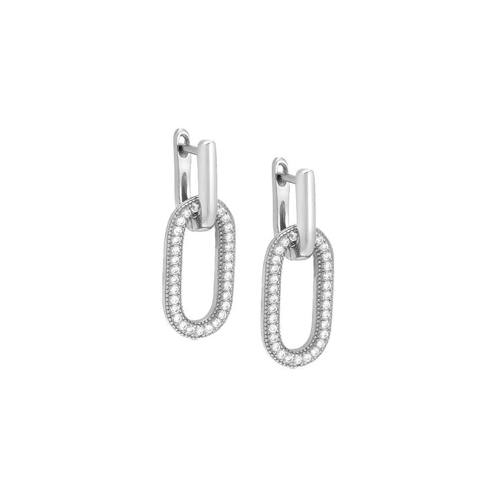Silver / Pair Solid/Pave Elongated Open Link Drop Huggie Earring - Adina Eden's Jewels