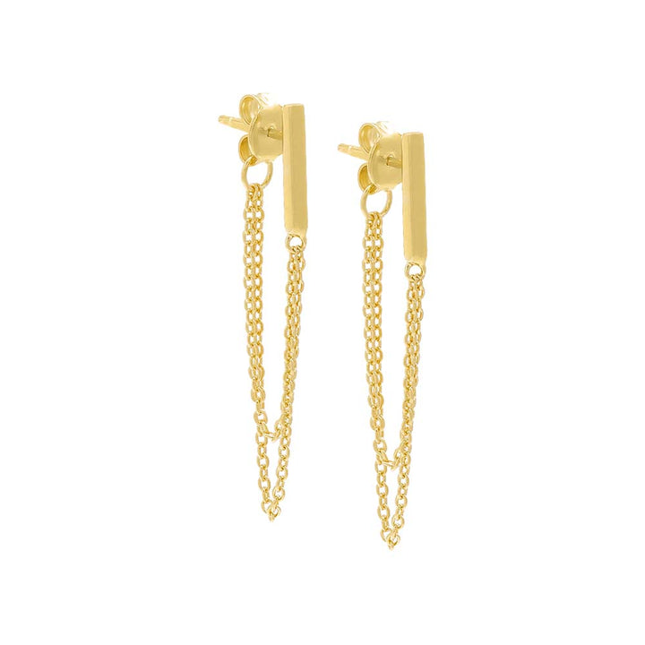 Gold / Pair Solid Bar Front Back Multi Chain Stud Earring - Adina Eden's Jewels