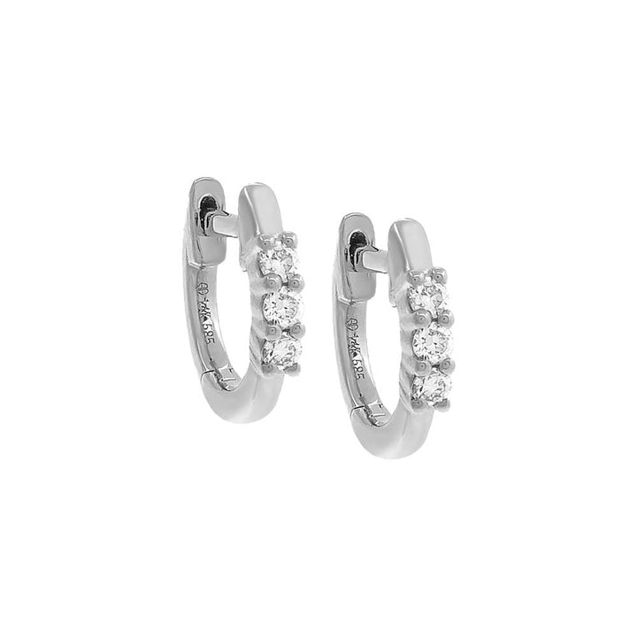 14K White Gold / Pair Three Stone Diamond Huggie Earring 14K - Adina Eden's Jewels