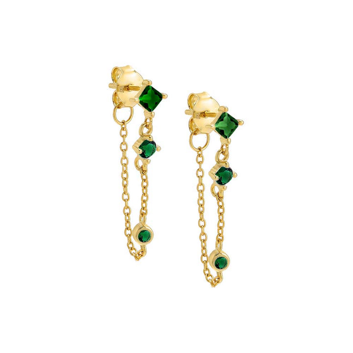 Emerald Green / Pair Triple Colored Stone Front Back Chain Stud Earring - Adina Eden's Jewels