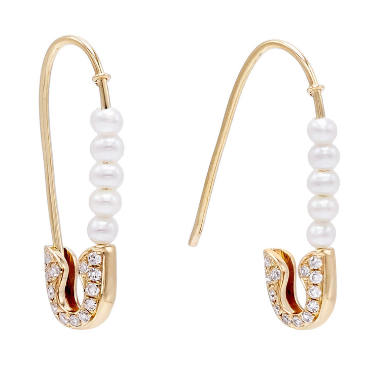 14K Gold Diamond Pearl Safety Pin Earring 14K - Adina Eden's Jewels