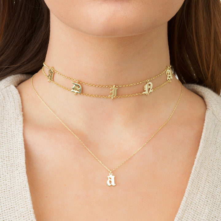 4MM Gold Ball Gothic Initial Chain Necklace| Alexa Leigh