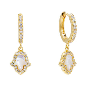 Pearl White Mother of Pearl Hamsa Huggie Earring - Adina Eden's Jewels