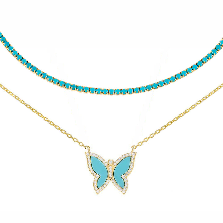 Turquoise The Thin Tennis & Butterfly Necklace Combo Set - Adina Eden's Jewels