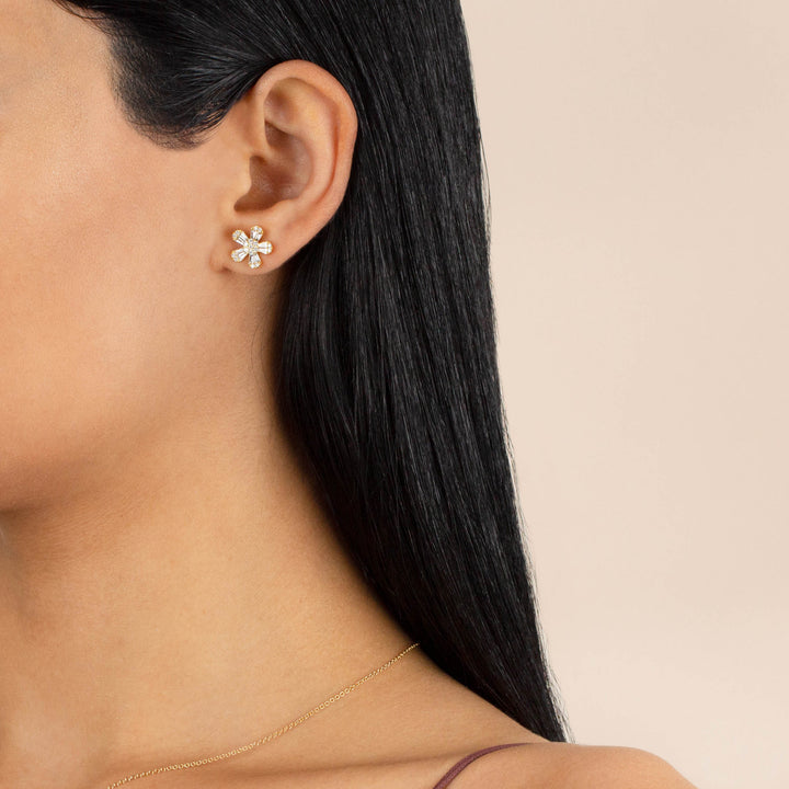  Diamond Flower Baguette Stud Earring 14K - Adina Eden's Jewels
