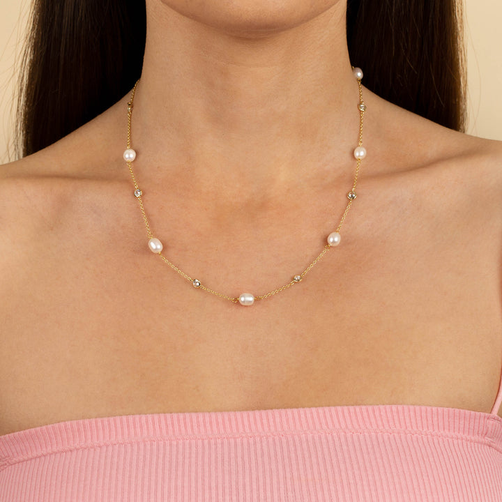  CZ Bezel X Pearl Necklace - Adina Eden's Jewels