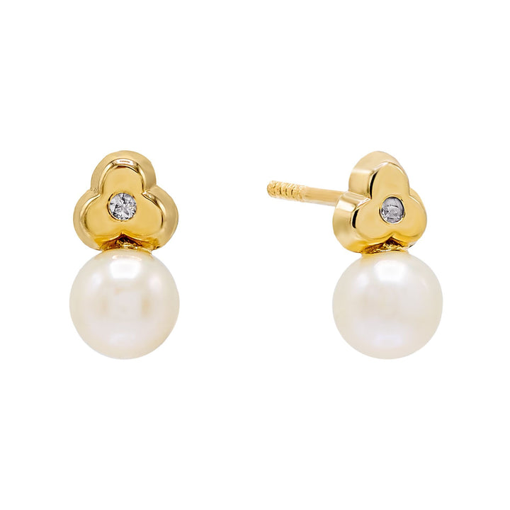 14K Gold / Pair Diamond Pearl Flower Stud Earring 14K - Adina Eden's Jewels