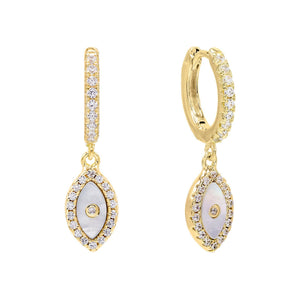 Pearl White Mother of Pearl Evil Eye Huggie Earring - Adina Eden's Jewels