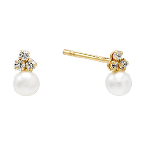 14K Gold / Pair Pearl CZ Trio Stud Earring 14K - Adina Eden's Jewels