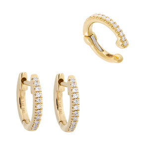 14K Gold Diamond Ear Cuff X Huggie Earring Combo Set 14K - Adina Eden's Jewels