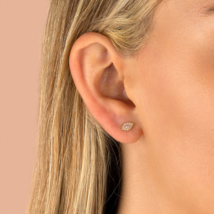  Pink Sapphire X Diamond Evil Eye Stud Earring 18K - Adina Eden's Jewels