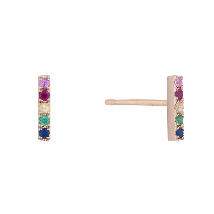 Multi-Color / 14K Gold Rainbow Diamond Mini Bar Stud Earring 14K - Adina Eden's Jewels