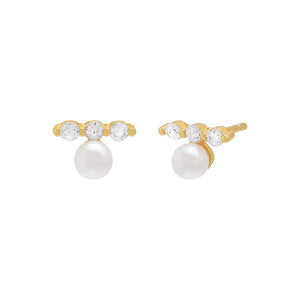 Gold / Pair Tiny CZ X Pearl Stud Earring - Adina Eden's Jewels