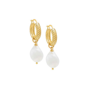 Gold / Pair Textured Hoop X Pearl Drop Earring - Adina Eden's Jewels