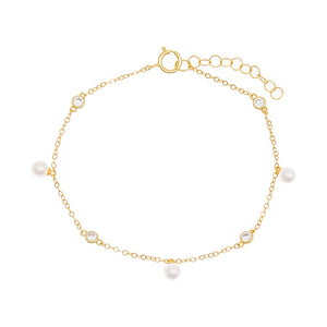 Gold / Pearl White CZ Bezel X Dangling Pearl Bracelet - Adina Eden's Jewels