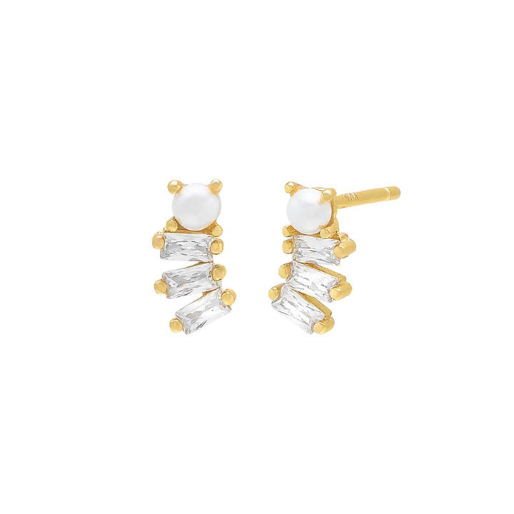 Gold / Pair Pearl Baguette Curved Bar Stud Earring - Adina Eden's Jewels