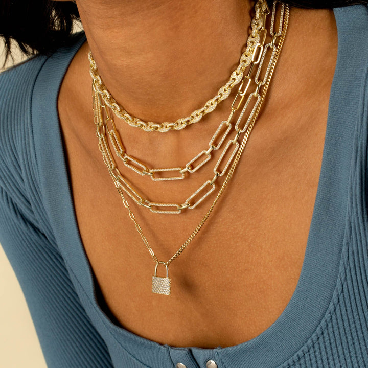  Half Pavé Mixed Chain Lock Necklace - Adina Eden's Jewels