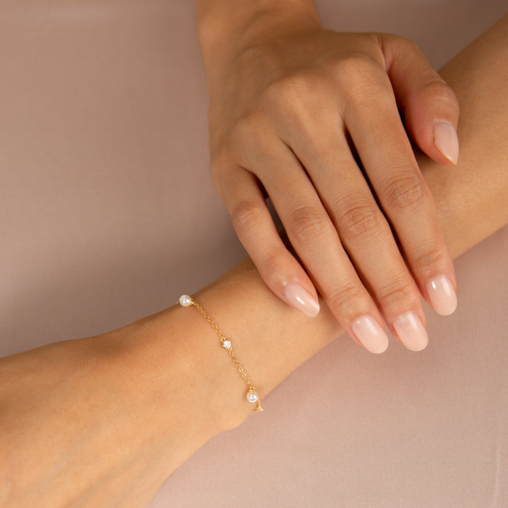  CZ Bezel X Dangling Pearl Bracelet - Adina Eden's Jewels
