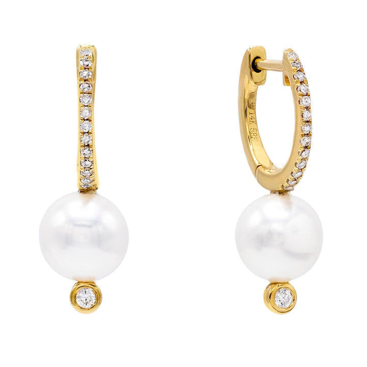 14K Gold Diamond Pearl Huggie Earring 14K - Adina Eden's Jewels