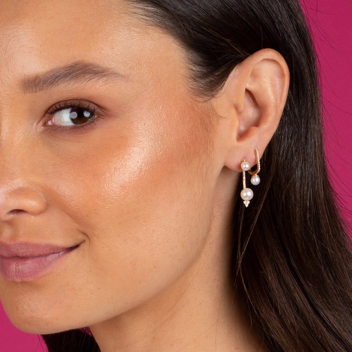  Diamond Square Pavé Pearl Huggie Earring 14K - Adina Eden's Jewels
