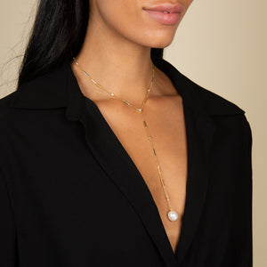  Bezel X Bar Chain Pearl Lariat - Adina Eden's Jewels