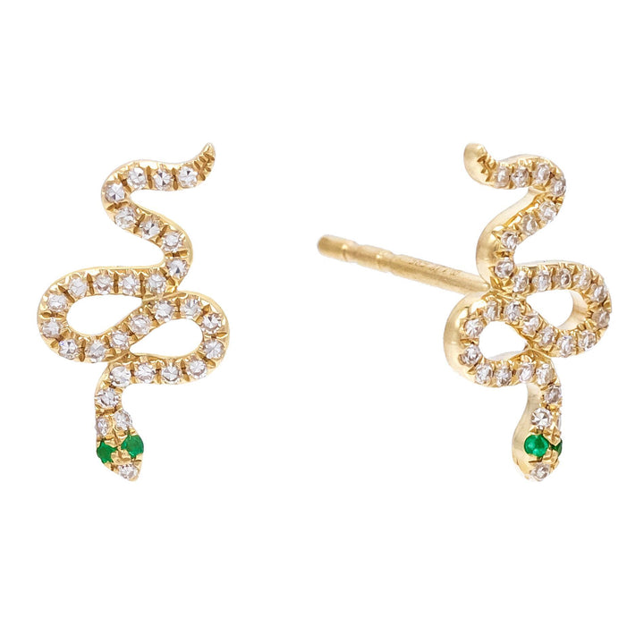 Emerald Green / Pair Diamond Snake Stud Earring 14K - Adina Eden's Jewels
