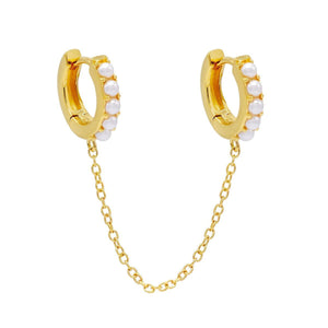Pearl White / Single Double Huggie Pearl Chain Earring - Adina Eden's Jewels
